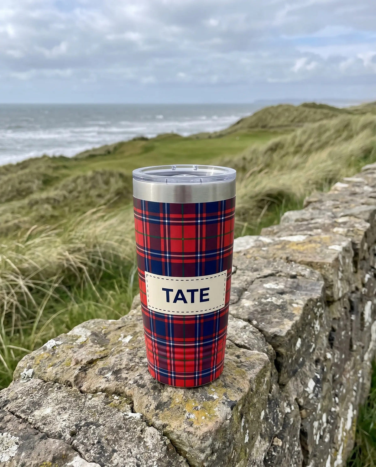 Tartan art printed all the way around a 20oz Ringneck tumbler, sample name TATE