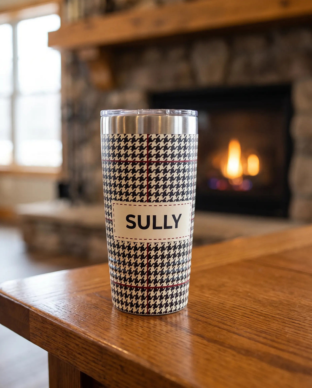 Houndstooth art printed all the way around a 20oz Ringneck tumbler, sample name SULLY