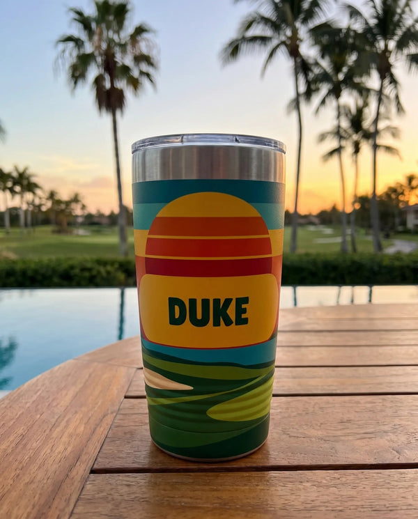 Retro Sunset, Palms art printed all the way around a 20oz Ringneck tumbler, sample name DUKE
