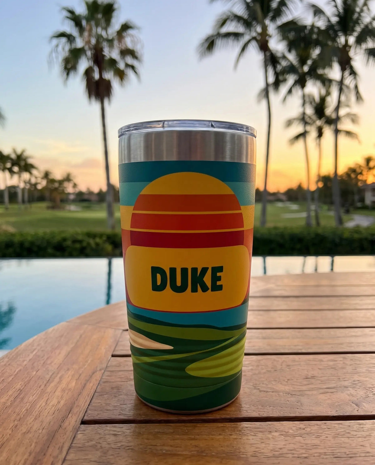 Retro Sunset, Palms art printed all the way around a 20oz Ringneck tumbler, sample name DUKE