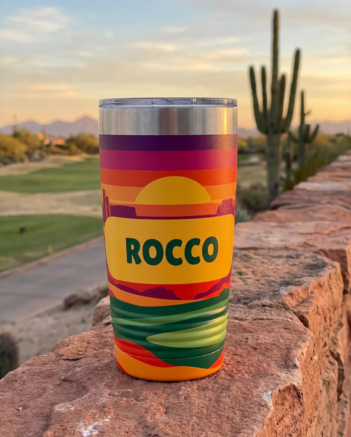 Retro Sunset, Desert art printed all the way around a 20oz Ringneck tumbler, sample name ROCCO