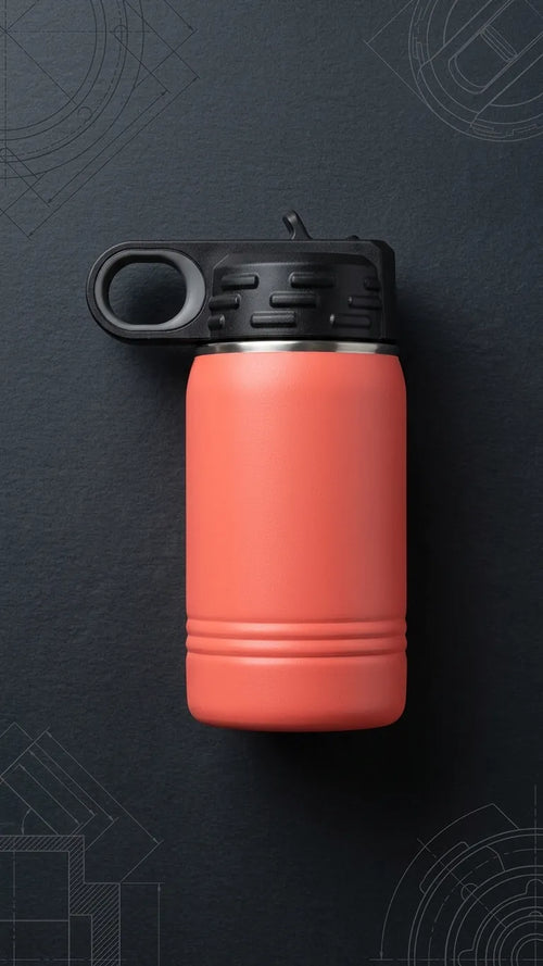 Hand-held Coral Polar Camel 12Oz Water Bottle in a Pomelli setting
