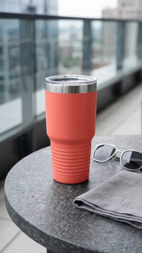 Hand-held Coral 30oz Tumbler in a Pomelli setting