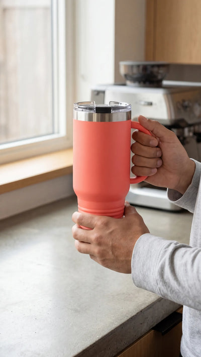 Hand-held Coral 40oz Travel Mug in a Pomelli setting