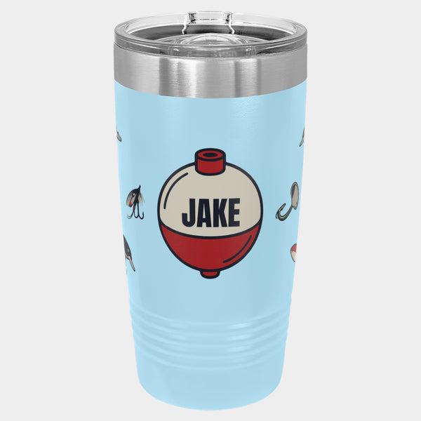 Tackle Box red bobber and lures, 20oz Polar Camel Ringneck tumbler in Light Blue, name JAKE on the bobber