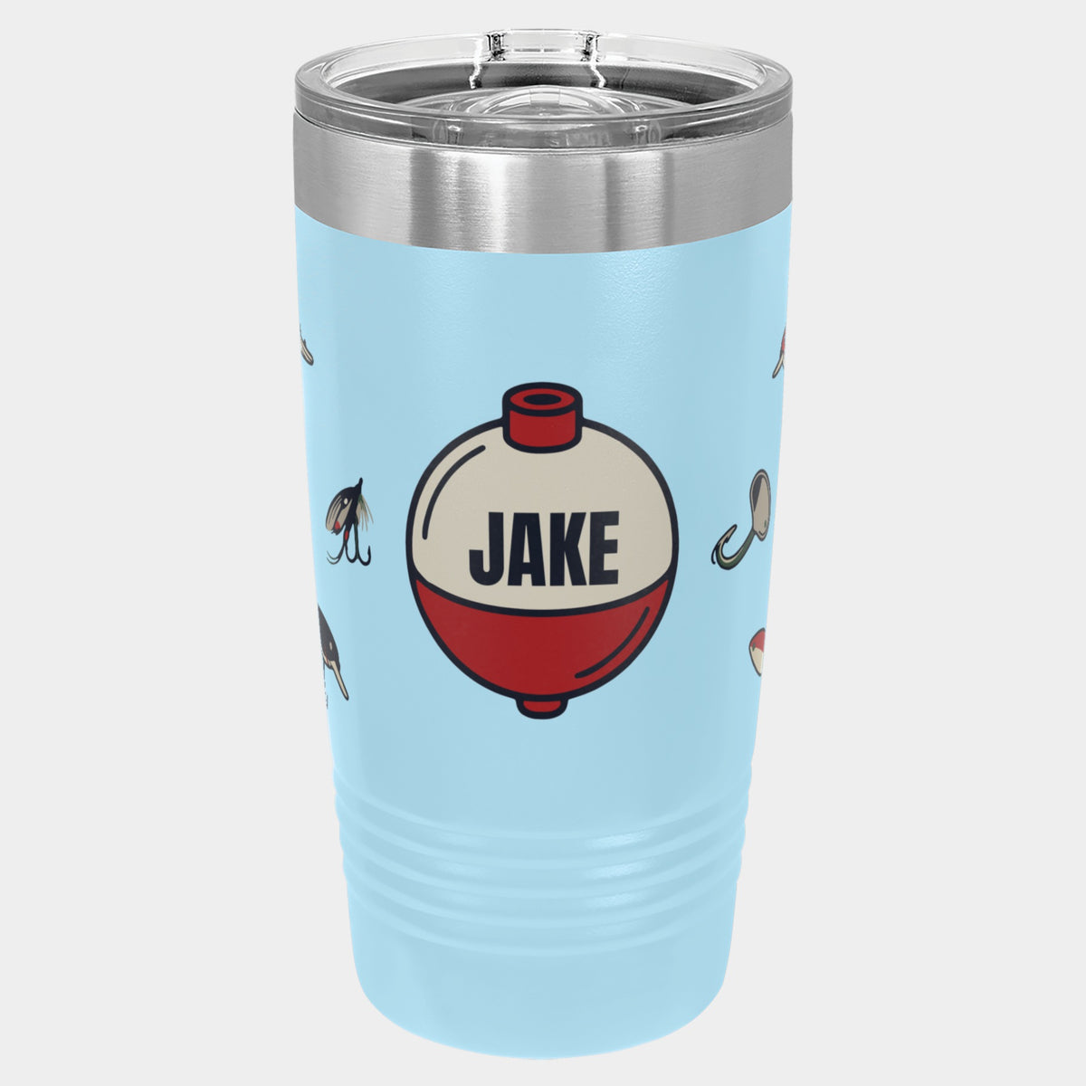 Tackle Box red bobber and lures, 20oz Polar Camel Ringneck tumbler in Light Blue, name JAKE on the bobber