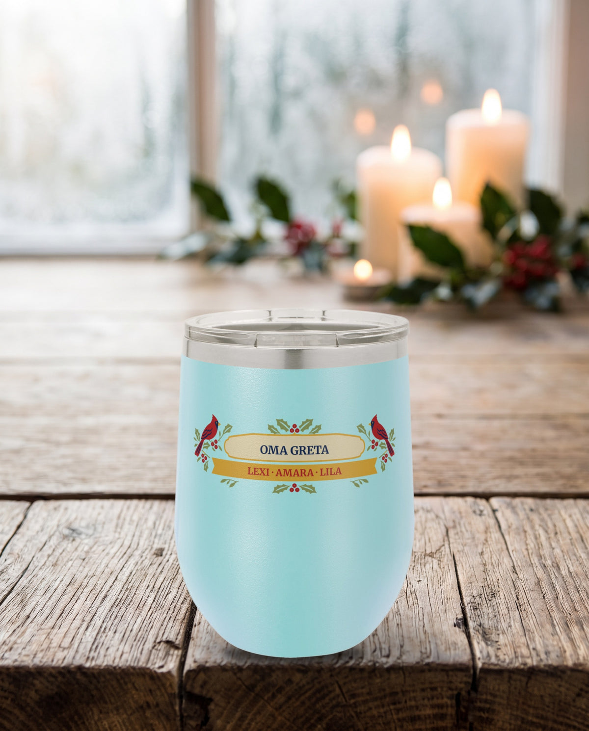 Holly Cardinals, cardinals and holly in red, sage, gold, navy and cream, UV printed on the front of a 12oz stemless wine tumbler in Light Blue, sample name OMA GRETA
