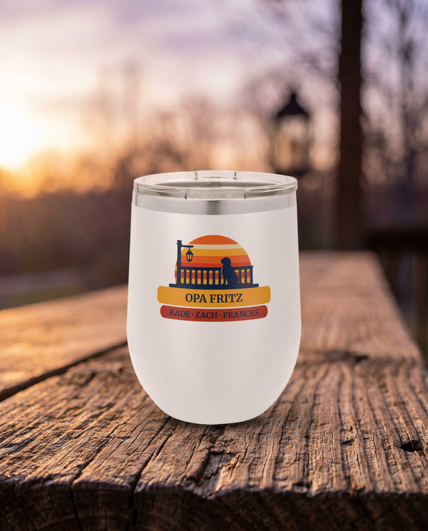Porch Dog Sunset, a porch sunset with a dog in navy, orange, gold and rust, UV printed on the front of a 12oz stemless wine tumbler in White, sample name OPA FRITZ