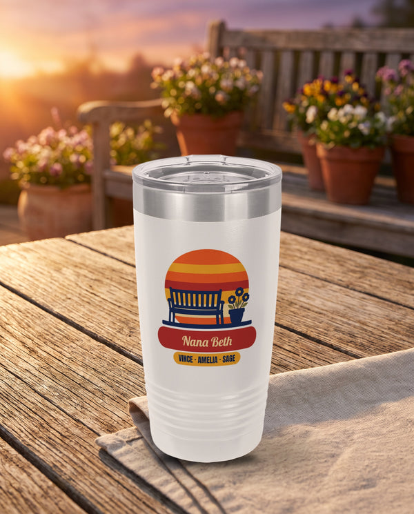 Garden Bench Sunset, a garden bench sunset in navy, orange, gold and red, UV printed on the front of a 20oz Ringneck tumbler in White, sample name Nana Beth