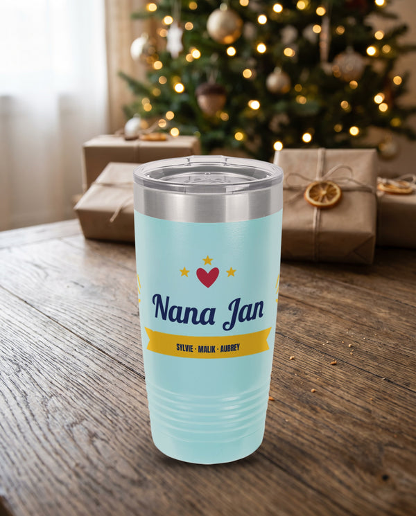 Heart and Stars Script, a red heart, gold stars and a gold ribbon around a script name, UV printed on the front of a 20oz Ringneck tumbler in Light Blue, sample name Nana Jan