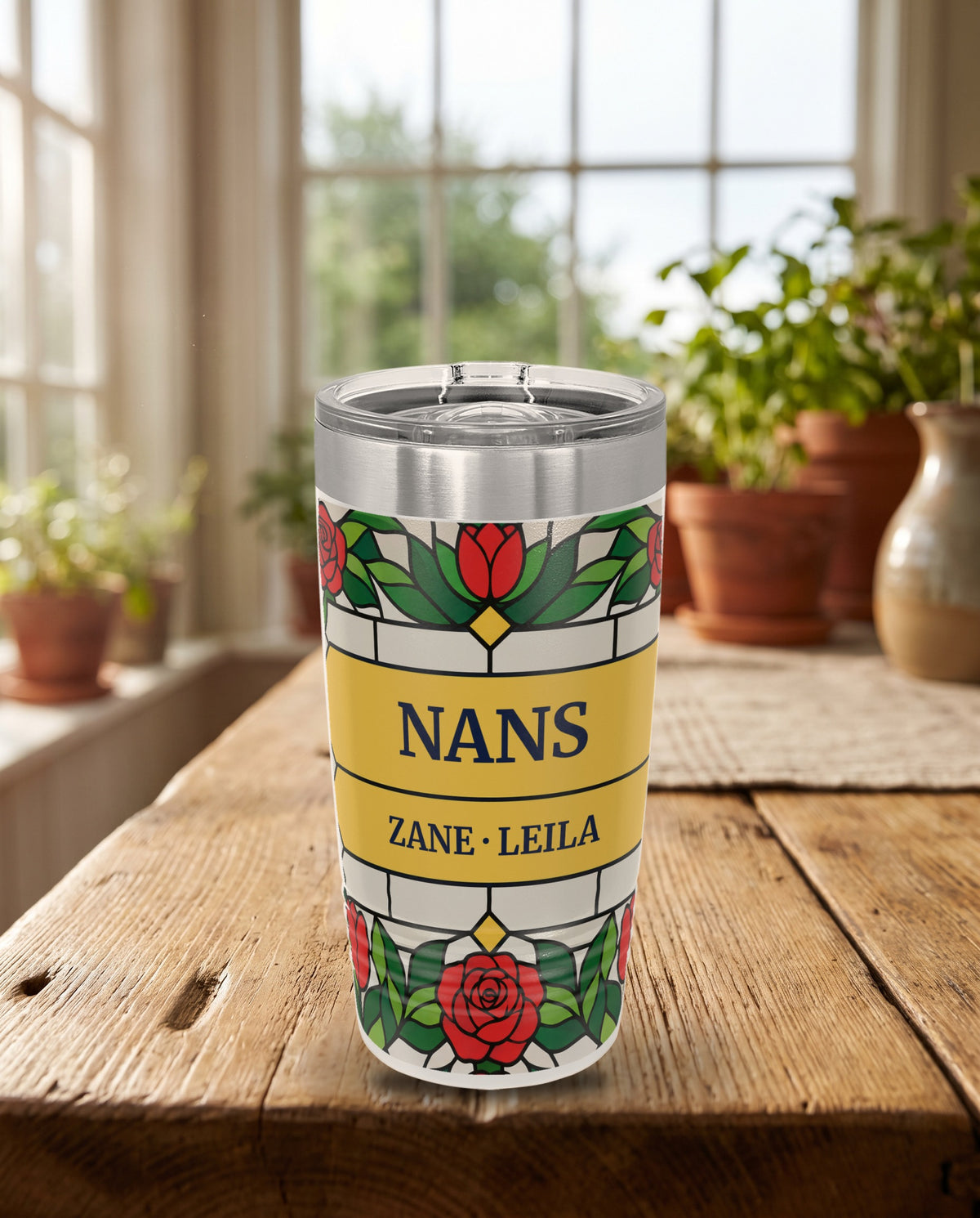 Stained Glass Garden, stained glass roses, tulips and irises in red, blue, green and gold, printed all the way around a 20oz Ringneck tumbler in White, sample name NANS