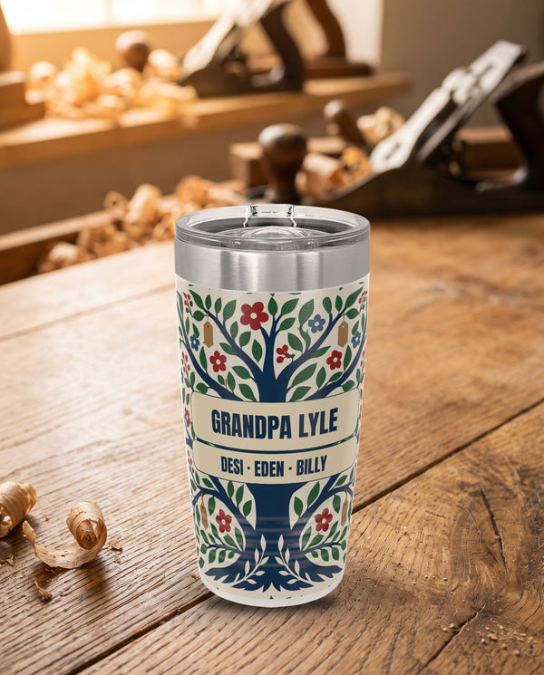 Family Tree, a folk family tree in navy, green, red, blue and tan on cream, printed all the way around a 20oz Ringneck tumbler in White, sample name GRANDPA LYLE