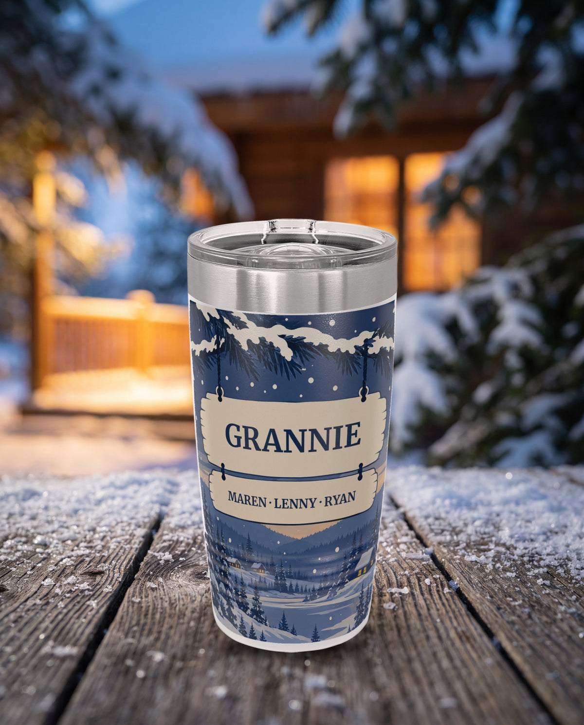 Winter Cardinals, a winter evening scene with cardinals in navy, red, white and cream, printed all the way around a 20oz Ringneck tumbler in White, sample name GRANNIE