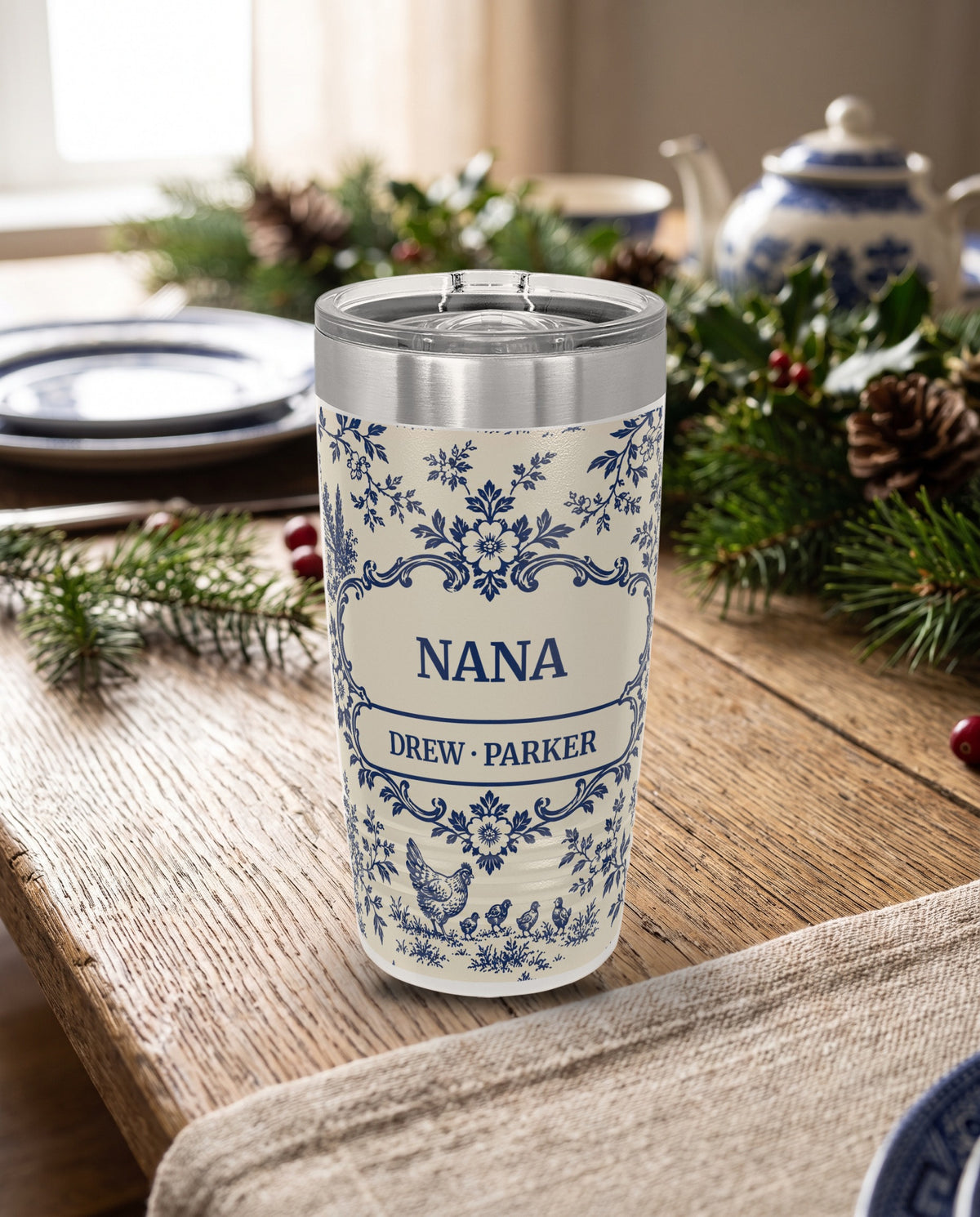 Blue Toile, a navy toile country scene on cream, printed all the way around a 20oz Ringneck tumbler in White, sample name NANA