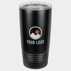 Mockup: Polar Camel 20oz Ringneck tumbler in Black, UV printed with a sample YOUR LOGO mark