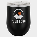 Mockup: Polar Camel 12oz stemless wine tumbler in Black, UV printed with a sample YOUR LOGO mark