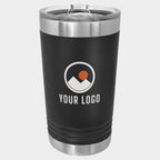 Mockup: Polar Camel 16oz pint tumbler in Black, UV printed with a sample YOUR LOGO mark