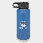 Mockup: Polar Camel 32oz water bottle in Blue, UV printed with a sample YOUR LOGO mark