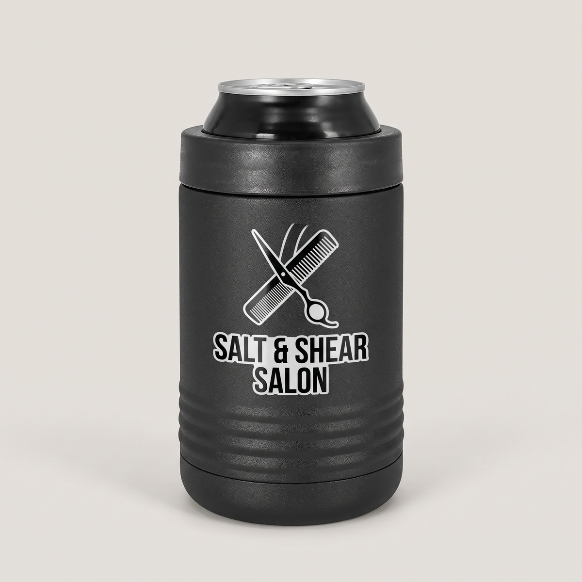 12oz Can Cooler with a custom full-color printed logo, studio photo | Karved Concepts