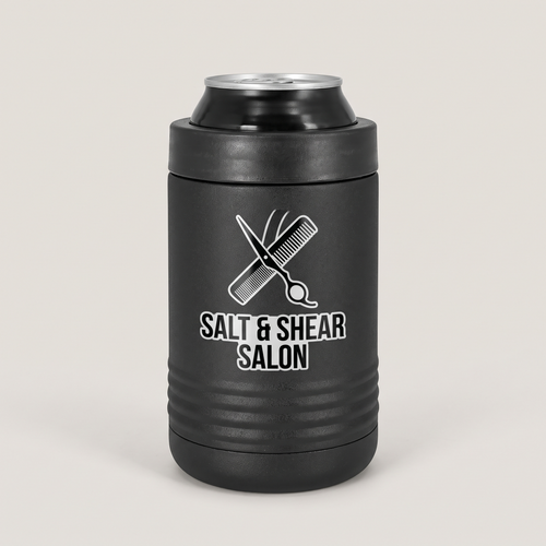 12oz Can Cooler with a custom full-color printed logo, studio photo | Karved Concepts