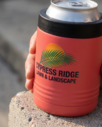 12oz Can Cooler with a custom full-color printed logo, close-up of the decoration | Karved Concepts