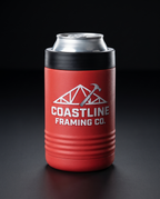 12oz Can Cooler with a custom full-color printed logo, studio photo on a dark background | Karved Concepts
