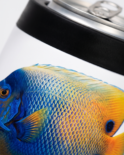 12oz Can Cooler, close-up of a full-color fish print | Karved Concepts