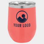 Mockup: Polar Camel 12oz stemless wine tumbler in Coral, UV printed with a sample YOUR LOGO mark