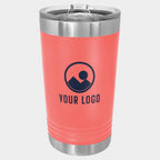 Mockup: Polar Camel 16oz pint tumbler in Coral, UV printed with a sample YOUR LOGO mark