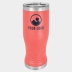 Mockup: Polar Camel 14oz pilsner tumbler in Coral, UV printed with a sample YOUR LOGO mark