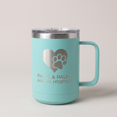 15oz Stainless Mug with a custom laser-engraved logo, studio photo | Karved Concepts