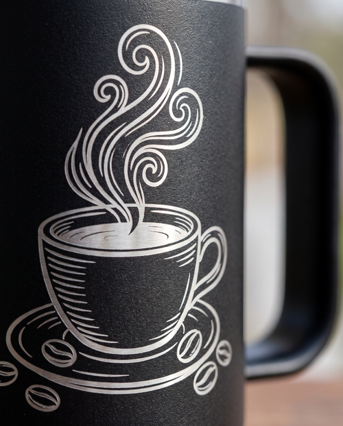 15oz Stainless Mug, close-up of an engraved coffee illustration | Karved Concepts