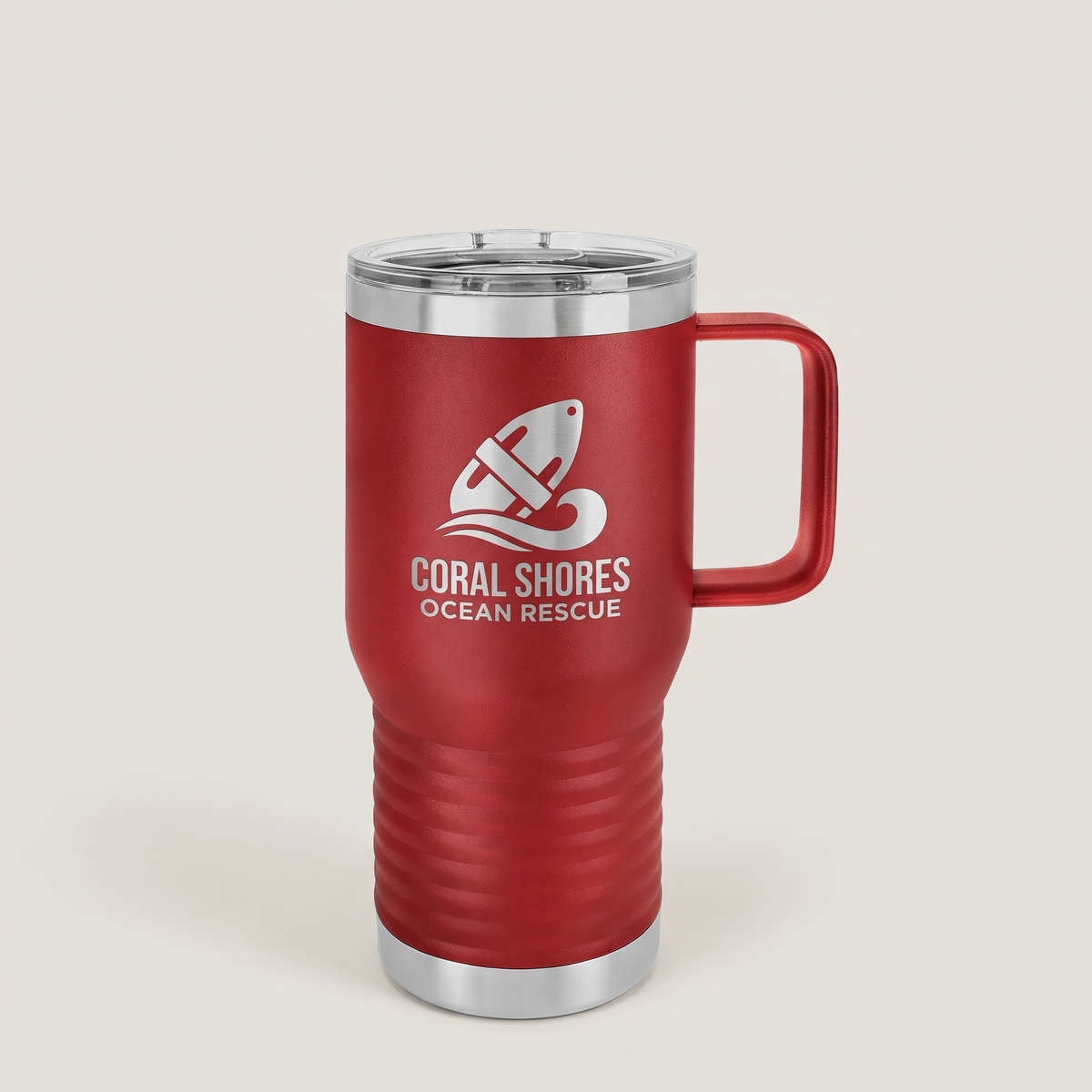 20oz Travel Mug with a custom laser-engraved logo, studio photo | Karved Concepts