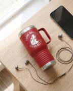 20oz Travel Mug with a custom laser-engraved logo, flat lay | Karved Concepts