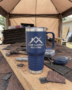 20oz Travel Mug with a custom laser-engraved logo, styled photo | Karved Concepts