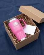 20oz Travel Mug with a custom laser-engraved logo, in a gift box | Karved Concepts