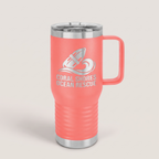 20oz Travel Mug in Coral with a custom laser-engraved logo | Karved Concepts