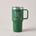 20oz Travel Mug in Green with a custom laser-engraved logo | Karved Concepts