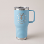 20oz Travel Mug in Light Blue with a custom laser-engraved logo | Karved Concepts
