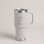 20oz Travel Mug in White with a custom laser-engraved logo | Karved Concepts