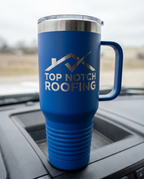 40oz Travel Mug with a custom laser-engraved logo, close-up of the decoration | Karved Concepts