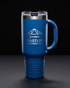 40oz Travel Mug with a custom laser-engraved logo, studio photo on a dark background | Karved Concepts