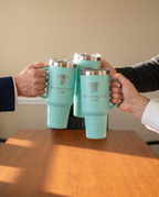 40oz Travel Mug with a custom laser-engraved logo, detail photo | Karved Concepts