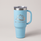 40oz Travel Mug in Light Blue with a custom laser-engraved logo | Karved Concepts