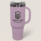 40oz Travel Mug in Moody Lilac / Ghost Black with a custom laser-engraved logo | Karved Concepts