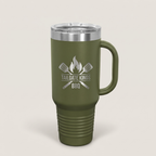 40oz Travel Mug in Olive Green with a custom laser-engraved logo | Karved Concepts