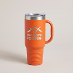 40oz Travel Mug in Orange with a custom laser-engraved logo | Karved Concepts