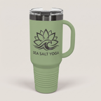 40oz Travel Mug in Summer Sage / Ghost Black with a custom laser-engraved logo | Karved Concepts