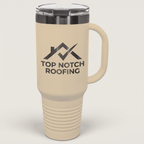 40oz Travel Mug in Warm Sand / Ghost Black with a custom laser-engraved logo | Karved Concepts