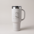 40oz Travel Mug in White with a custom laser-engraved logo | Karved Concepts